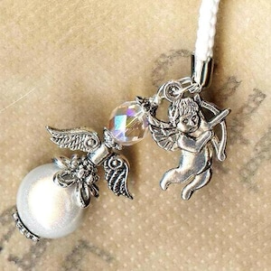 Cellphone pendant charm CELESTIAL WHITE beads crystal faceted miracle glass wedding gift guests luck protection prayer guardian heaven White