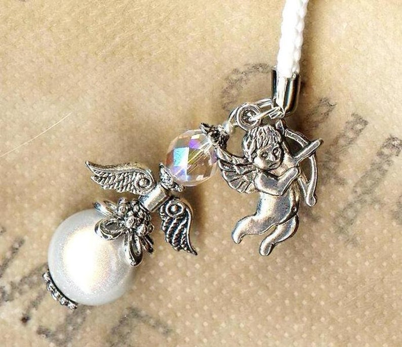 Cellphone pendant charm CELESTIAL WHITE beads crystal faceted miracle glass wedding gift guests luck protection prayer guardian heaven image 1