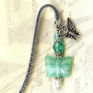 mini bookmark BUTTERFLY blue ZIRCON glass faceted crystal faux pearl white bead tibetan silver charm MP165 image 3