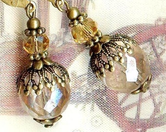 Earrings VICTORIAN TREASURES Luster TOPAZ gold bronze faceted crystal czech rondelle beads champagne wedding OR618