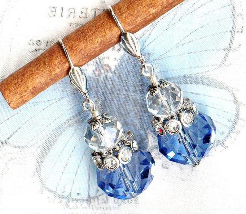 Boucles FLEURS du CIEL perles facettes rondelle bleu clair transparent strass cristal OR724 image 3