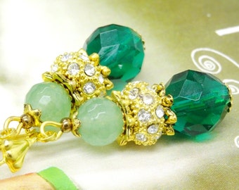 Boucles FESTIVALE EMERAUDE JADE perles facettes strass or vert pierre semi-précieuse fete noel glamour chic OR793