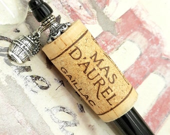 Ball Pen VINEYARD FRANCE GAILLAC with real cork charm barril tibetan silver wine bottle black gift school office writing letter