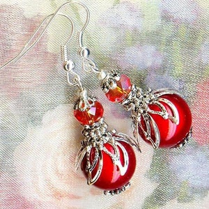 Boucles CERISES MAGIQUES cristal facettes rondelles ORANGE argent fleurs perles rouge OR387-mod image 3