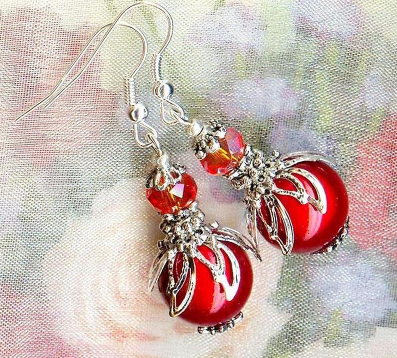 Boucles CERISES MAGIQUES cristal facettes rondelles ORANGE argent fleurs perles rouge OR387-mod image 3