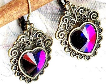 Boucles PURPLE HEARTS coeur bronze cabochon RIVOLI cristal violet facette verre amour vintage OR689