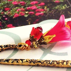 Bookmark SPRINGTIME RED TULIPE acrylic flowers crystal faceted beads antiqued gold vintage gift MP145 image 1