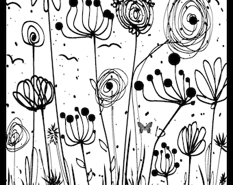 BLACK WHITE FLOWERS art imprimable tableau digital abstrait imprimer haute résolution décoration mur cadeau toile sac cabas papier coussin