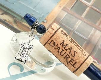 Ball Pen VINEYARD FRANCE GAILLAC with real cork charm corkscrew dark blue silver wine bottle black gift school office writing letter