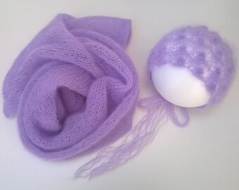 Newborn Wrap and Hat set,Knitted Mohair Newborn Bonnet and Wrap, Photo Prop Mohair Wrap and Hat set