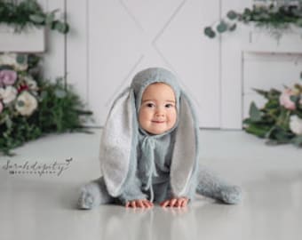 Knitted Newborn Bunny Outfit Set - Hat and Romper | Baby Girl and Boy Easter Photo Prop