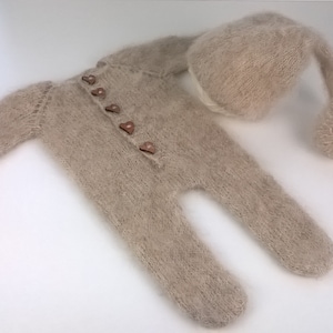 Newborn Photo prop  Footed Romper and Sleepy Hat with  pompon ,Knit Romper Photo prop                                 Prop,Sleepy Hat Prop