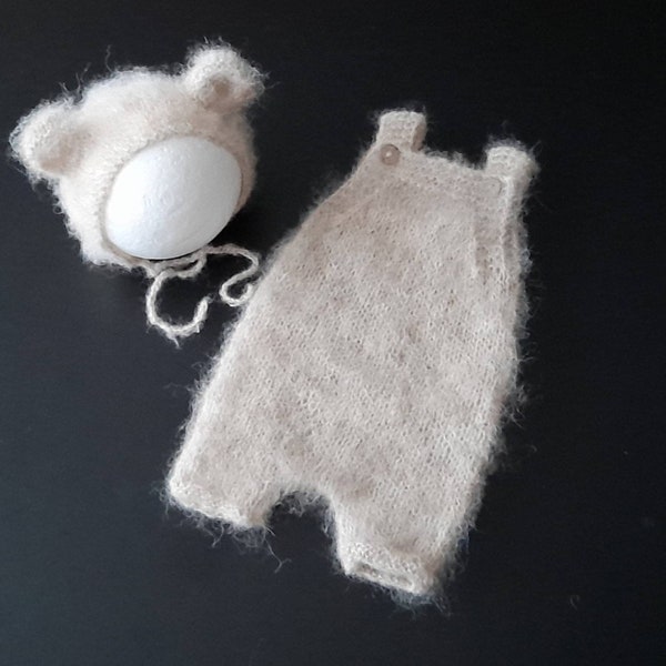 Soft Knitted Newborn Bear Outfit | Bonnet & Romper | Baby Photo Prop