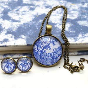 Collana orecchini VERSAILLES Toile de Jouy * Parure di gioielli * catena corta * orecchini rotondi * 12 mm * Chinoiserie * blu cobalto * porcellana
