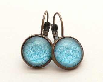 Earrings FAN DANCE Art Deco * 20s * turquoise * petrol * Boho * vintage style * wave pattern * Japanese * fan * cabochon earrings