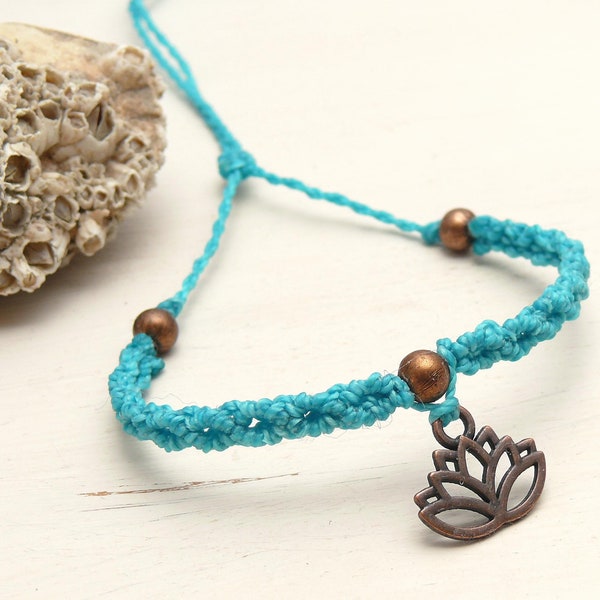 Anklet Bracelet LOTUS Lotus Flower * Macrame * Copper * Turquoise * Yoga Jewelry * Vegan * Lotus Blossom * Foot Jewelry * Footband * Footband