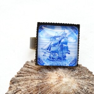 Anello &quot;Keitum&quot; piastrella * Frisone * nave * blu bianco * Delft * quadrato * marittimo