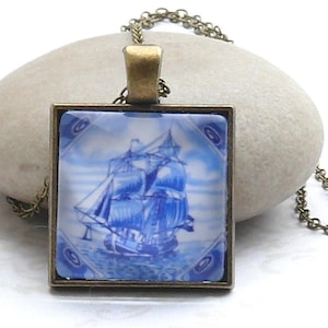 Collana &quot;Keitum&quot; piastrella * Frisone * nave * blu bianco * Delft * quadrato * marittimo