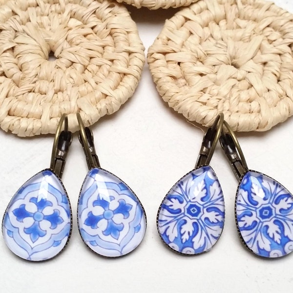 Boucles d'oreilles PORTUGAL bleu blanc * azulejos * carreaux portugais * cadeau * levier-dos * larme * style vintage * larme * carreau