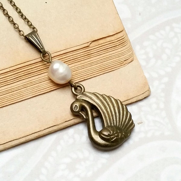 Collier SWAN vraie perle * perle baroque * cygne * blanc * style vintage * Victorien * Art Nouveau * avec pendentif * chaîne courte * bronze