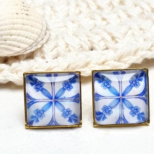 Ohrstecker ELIZA  Azulejos * portugiesische Fliesen * Kacheln * quadratisch * Portugal * Andalusien * Edelstahl goldfarben * blau weiß