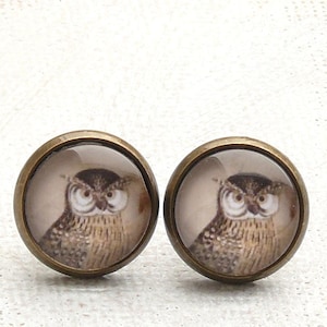 Studs &quot;Eulalie&quot; Owls * Vintage Style * Forest * Woodland * Brown