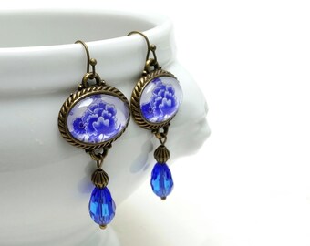 Earrings JIN LI blue white * floral pattern * porcelain * chinoiserie * hanging * Toile de Jouy * drops * Victorian * Baroque * oval
