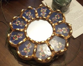 Wandspiegel VINTAGE Romantik Blumen Gold Altar Feen Elfen Liebe Glas Blau