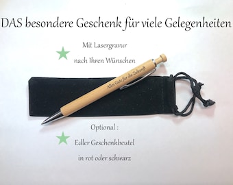 Kugelschreiber aus Holz mit Gravur / Geschenkbeutel aus "Samt". Holzkugelschreiber z.B. mit Namen graviert.