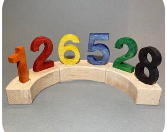 Bunte Zahlenstecker (z.B. auch für Grimm und andere mit 18 mm Loch) aus Buchen-Naturholz, 6 Farben. Kindergeburtstag, Geburtstagskranz