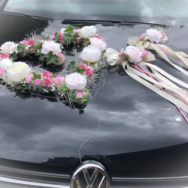 Car decoration set 3 pieces heart and bows car decoration car flower decoration arrangement wedding peonies rose ivy bows modern elegant