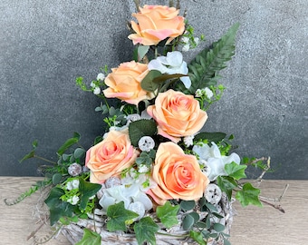 Grabgesteck Allerheiligen Grabschmuck Rose Hortensie Eukalyptus Efeu Wunschfarbe Grabdeko Grabdekoration Allerheiligen