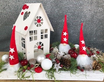 Advent arrangement gnome star with house on tray Advent wreath Advent calendar artificially preserved