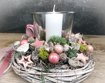 Adventsgesteck 20cm kleines Gesteck Windlicht Glas Teelicht Rosa Stern Modern Rund Zapfen Weiß