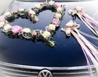 Kit de décoration de voiture 3 pièces cœur et nœuds décoration de voiture arrangement de fleurs de voiture pivoines de mariage nœuds de lierre rose moderne élégant