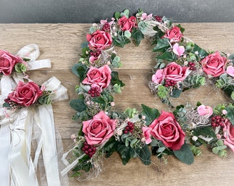 Autoschmuck Set 3 Teilig Herz und Schleifen Rose Eukalyptus Autodekoration Autoblumenschmuck Gesteck Hochzeit Kutsche Schmuck Wedding