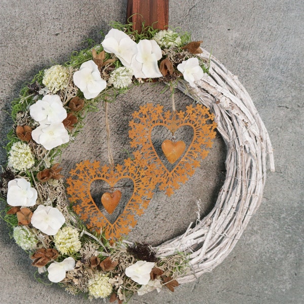 Türkranz Türdeko Türschmuck Herz Rost Modern ganzjährig Tür Schmuck Hortensie Schleierkraut Wiesenblumen