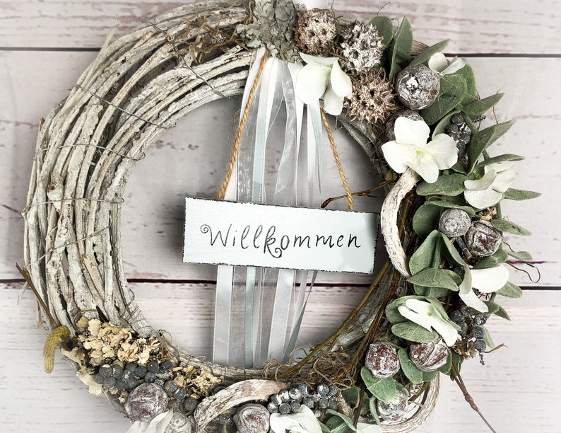 Türkranz Türdeko Türschmuck Ganzjährig Schriftzug Schild Willkommen Modern Tür Schmuck Eukalyptus Bild 5