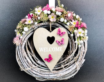 Door wreath door decoration Spring cherry blossoms heart WelcomeModern all year round door jewelry autumn