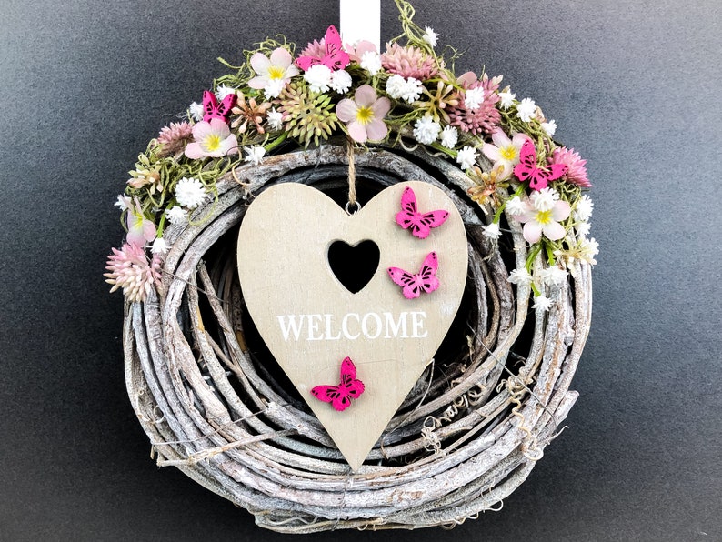 Door wreath door decoration Spring cherry blossoms heart WelcomeModern all year round door jewelry autumn image 1