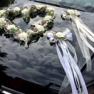 Conjunto de decoración del coche 3 piezas corazón y lazos decoración del coche arreglo de la decoración de la flor del coche arreglo de la decoración del carro de la boda decoración del carro de la joyería boda del carro