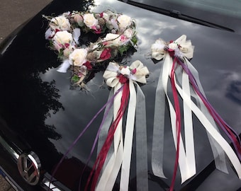 Car decoration set 3 pieces heart and bows car decoration car flower decoration arrangement wedding carriage jewelry carriage decoration carriage wedding