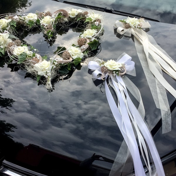 Car decoration set 3 pieces heart and bows car decoration car flower decoration arrangement wedding carriage jewelry carriage decoration carriage wedding