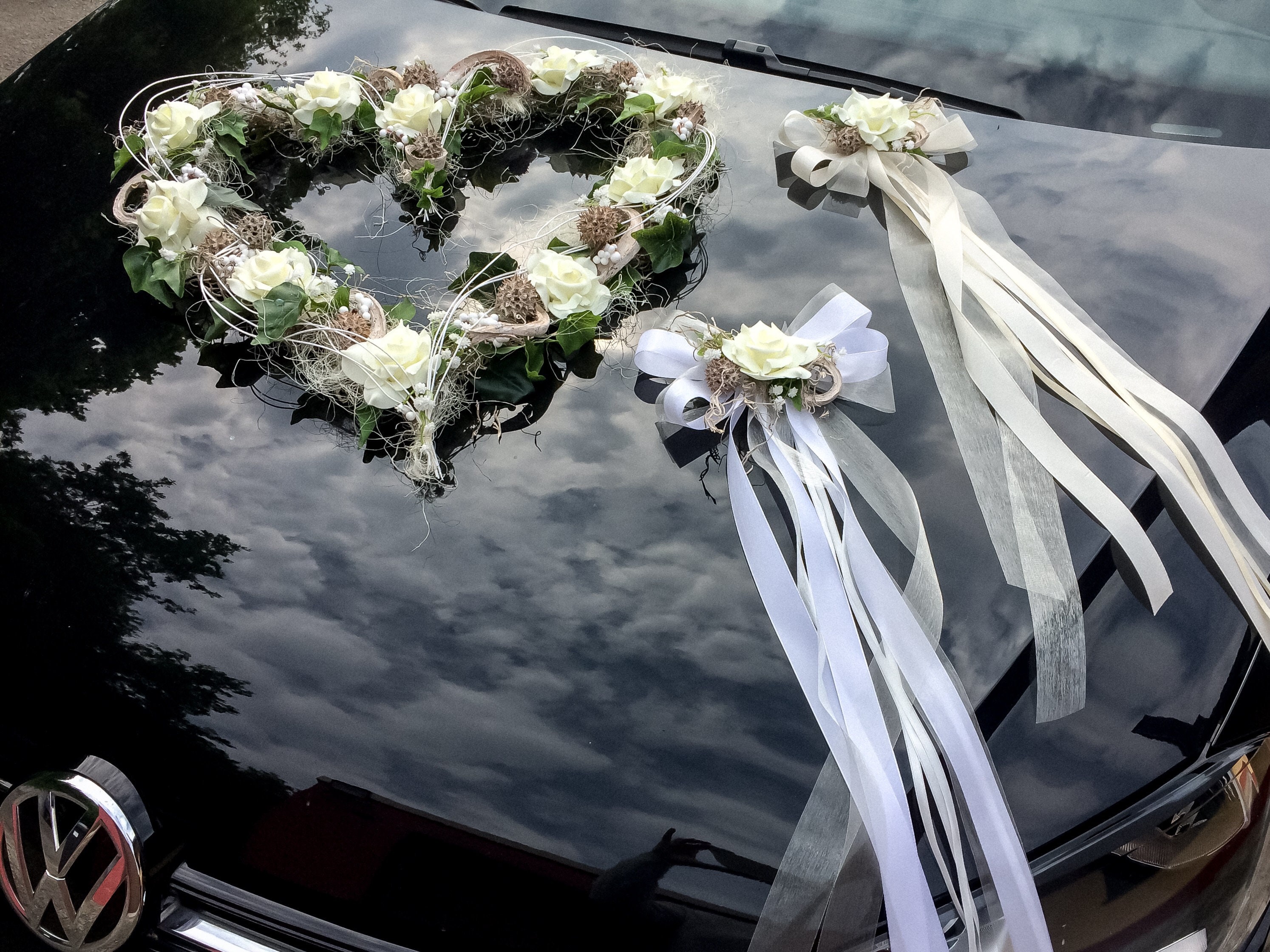 2er Hochzeit Autodeko Set Auto Schmuck Hochzeitsdeko für Brautauto Rose  Organza