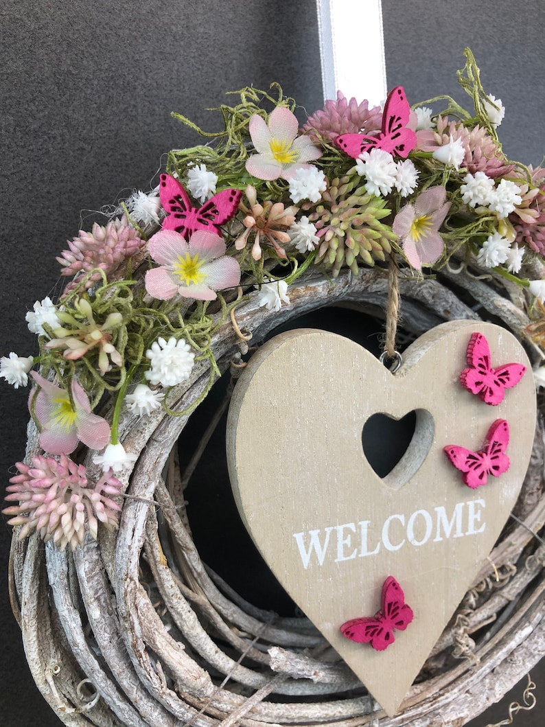 Door wreath door decoration Spring cherry blossoms heart WelcomeModern all year round door jewelry autumn image 2