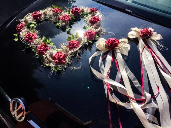 Conjunto de decoración de coche 3 piezas corazón y lazos decoración de coche  arreglo de decoración de flores de coche carro de boda joyería decoración  de carro boda de carro -  México