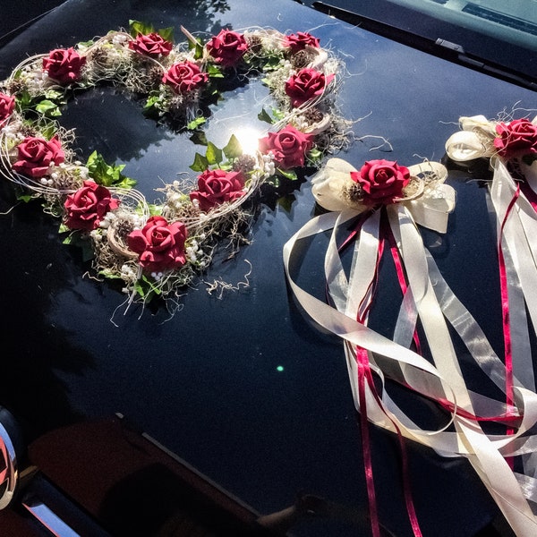 Car decoration set 3 pieces heart and bows car decoration car flower decoration arrangement wedding carriage jewelry carriage decoration carriage wedding