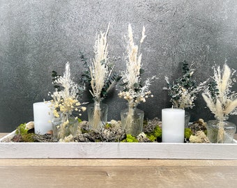 Décoration de table fleurs arrangement de table fleurs séchées eucalyptus verres bouteille herbes moderne toute l'année plateau