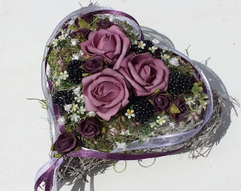 Grabgesteck Grabschmuck Rose Brombeeren Lila Herz Grab Band Schleierkraut Rosen Grabdekoration Grabschmuck Allerheiligen