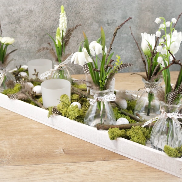 Tischdeko Blumen Tischgesteck Strauß Gläser Flasche Gräser Frühling Sommer Modern Ganzjährig Tablett